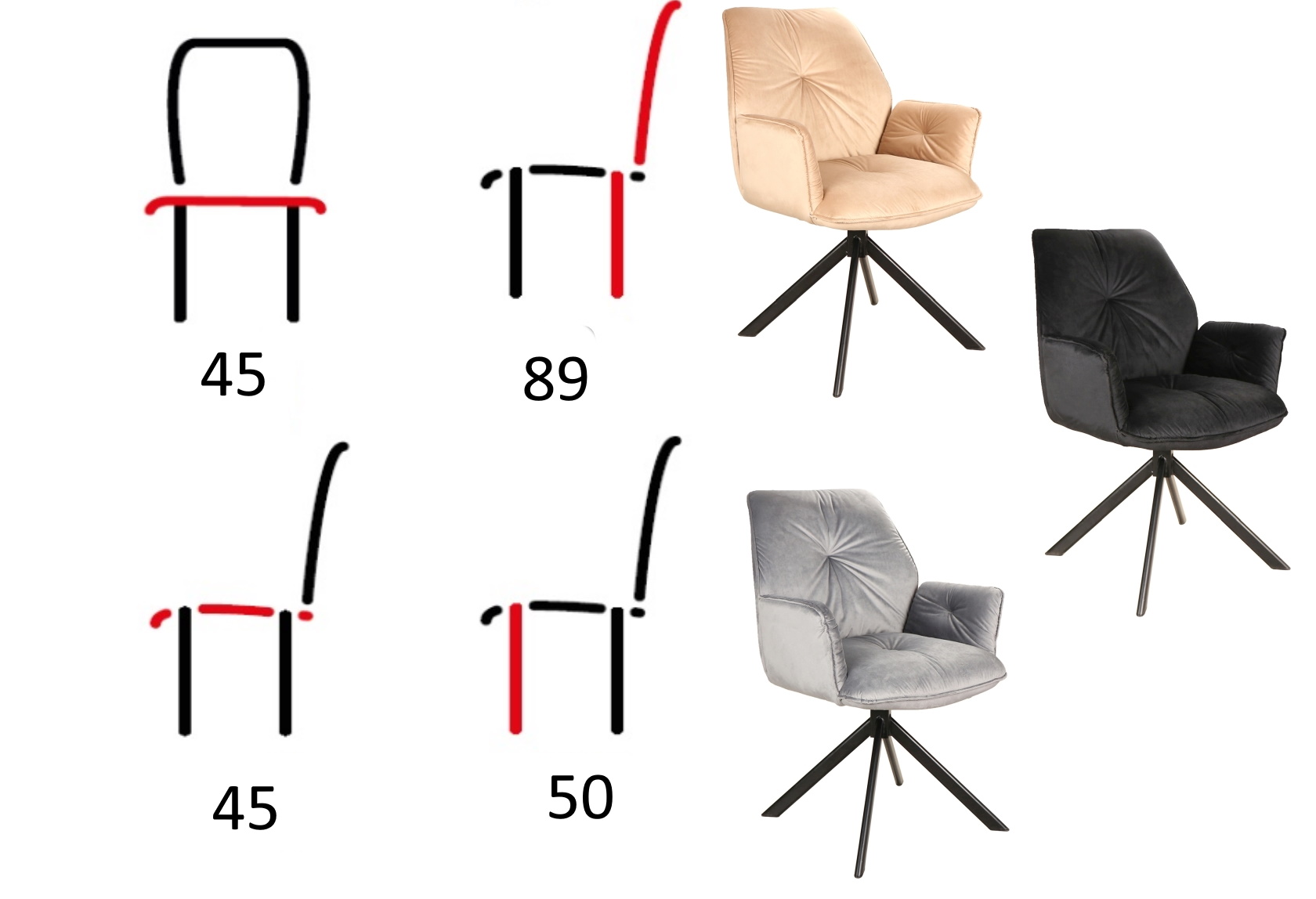 krzesła z funkcją obracania 180 agava velvet, wymiary